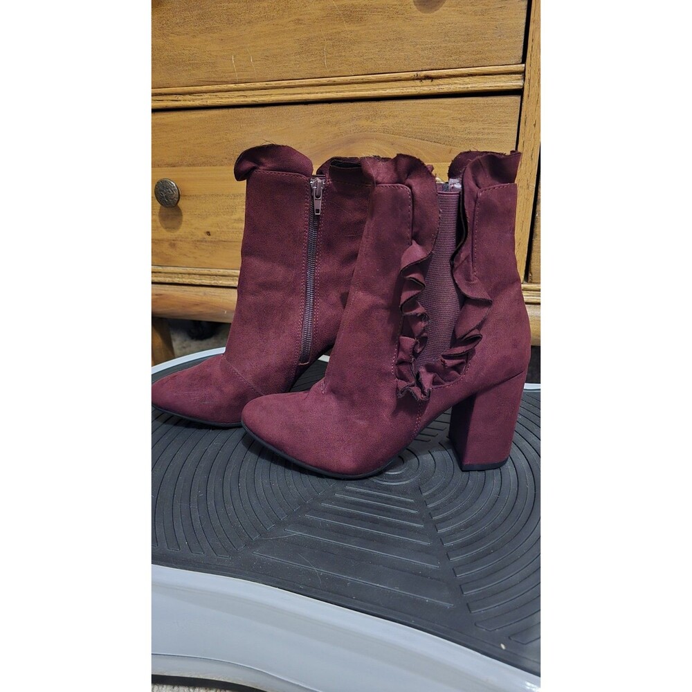Esprit Vera Ankle Boots Womens Maroon Side Zip Ruffle Size 6.5 Heel High-end